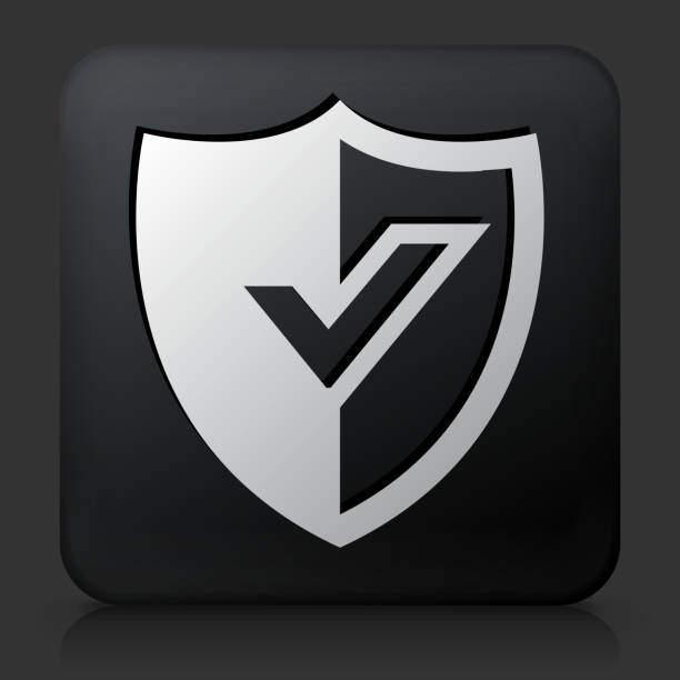 Black Square Button with Shiled Icon Black Square Button with Shiled Icon. This royalty free vector image features a white interface icon on square black button. The vector button has a bevel effect and a light shadow. The image background is dark grey and the button has a light reflection. shiled stock illustrations