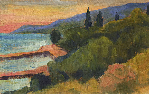istock Summer landscape, mountain, sea, cypress. Oil painting 482397876