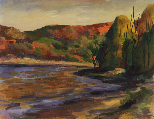 istock Autumn bright landscape. River, mountains, trees, shore. Oil painting 482397908