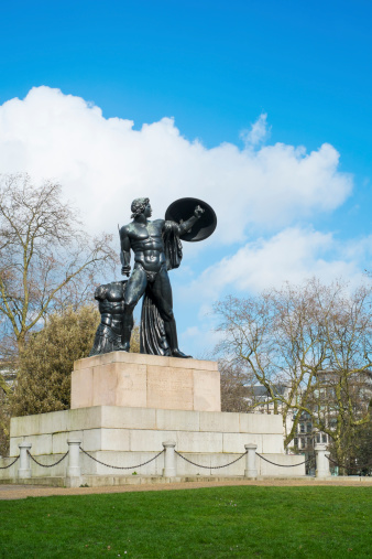 Statue of Achilles in Hyde Park, London, UK, dedicated to the Duke of Wellington and forget with the bronze from captured cannons in campaigns.