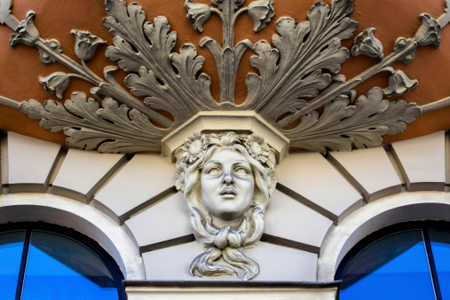 Close-up of facade of Art Nouveau building, Riga Latvia