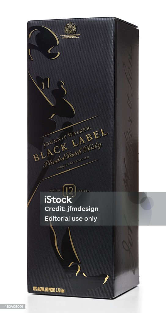 Johnnie Walker Black Label box Miami, USA - March 20, 2014: Johnnie Walker Black Label Aged 12 Years box. Johnnie Walker brand is owned by Diageo Brands B.V. Box - Container Stock Photo
