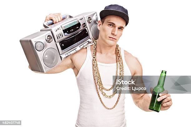 Rapper Carrying A Ghetto Blaster And Holding Beer Stock Photo - Download Image Now - Beer - Alcohol, Cap - Hat, Gangster