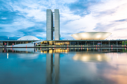 Brasilia, Brazil - March 23, 2015: The famous Brazilian National Congress in Brasilia, Brazil. The building was designed by Oscar Niemeyer in the modern Brazilian style.