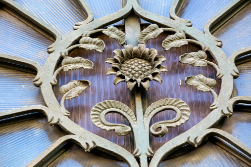 Detail of decorative metalwork on Art Nouveau building, Riga Lat