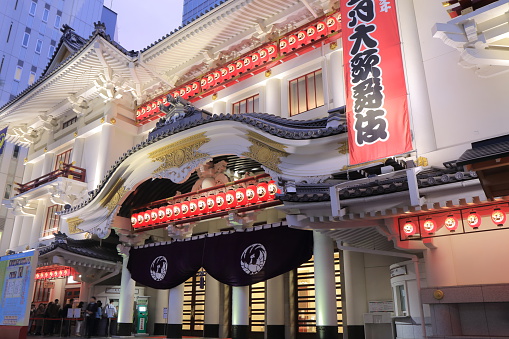 Tokyo Japan - May 9, 2015: People visit iconic and historical Kabukiza theatre in Ginza Tokyo Japan.
