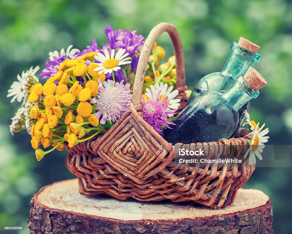 Wicker basket with healing herbs and bottles of tincture. Wicker basket with healing herbs and bottles of tincture. Herbal medicine. Vintage stylized. 2015 Stock Photo