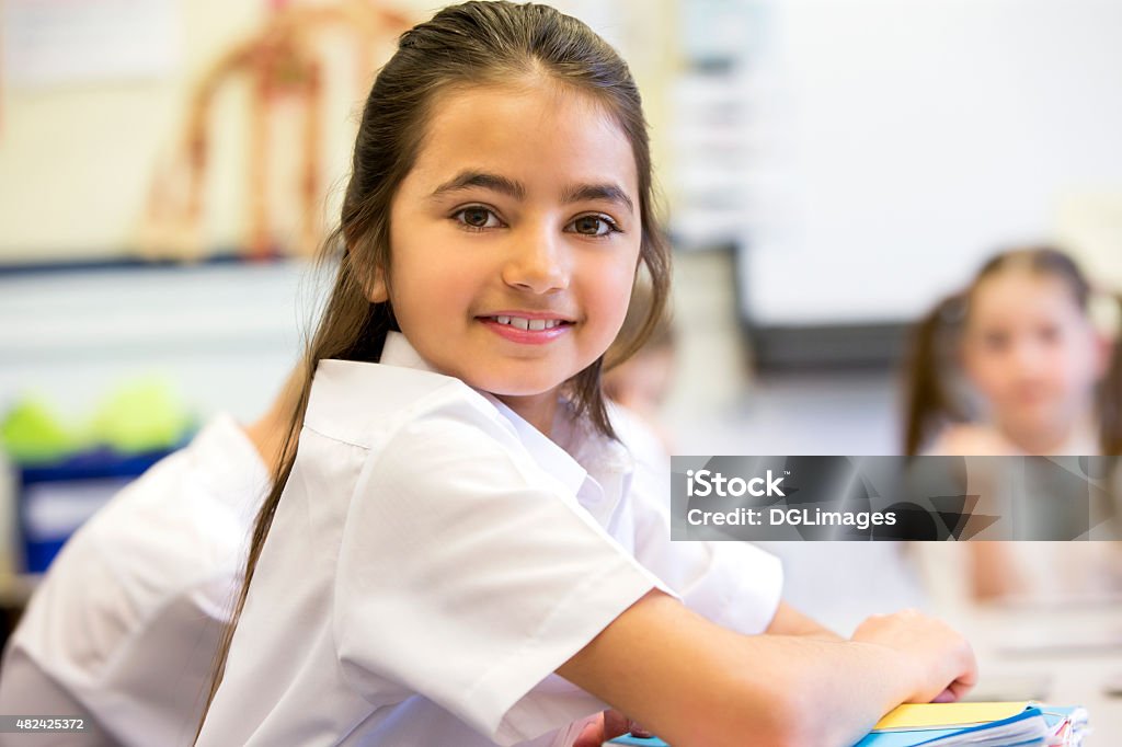 Happy at School School girl smiles at the camera as she sits at her desk while working. Multiracial Group Stock Photo