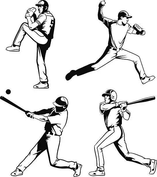 Vector illustration of Baseball Players Set in Black and White