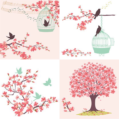 Cherry Blossoms Sakura And Birds Ornaments Set
