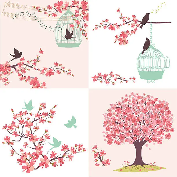 Vector illustration of Cherry Blossoms Sakura And Birds Ornaments Set