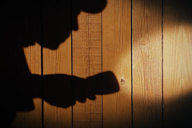 istock Unrecognizable burglar with  flashlight  in shadow on wood backg 482436883