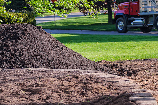 Commercial Landscaping Topsoil Delivery Truck A large commercial dump truck is leaving after delivering a big heap of landscaping topsoil at this residential home addition construction site. topsoil stock pictures, royalty-free photos & images