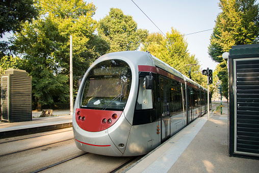 A modern tram in Florence, Italy.