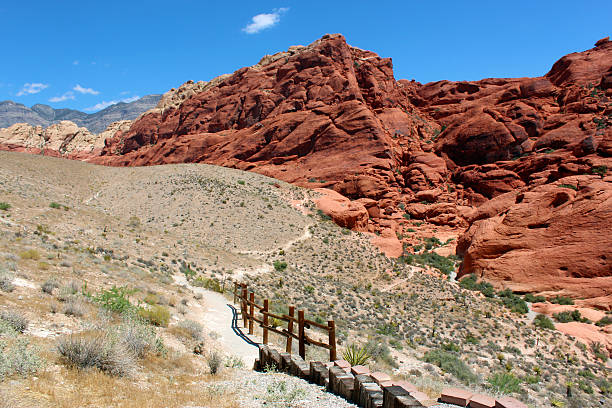 Trail Head at Calico Hills.  Red Rock Canyon National Conservation area.  Located only 17 miles from Las Vegas Strip.  Beautiful desert area adorned by this deep red rocks and blue sky.