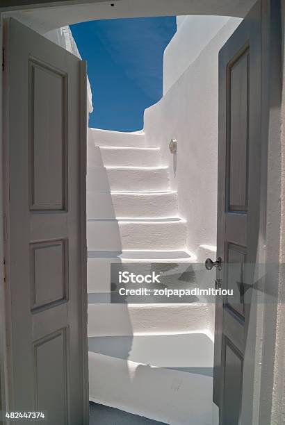 Traditional Greek Door On Santorini Island Greece Stock Photo - Download Image Now - Window, 2015, Aegean Sea