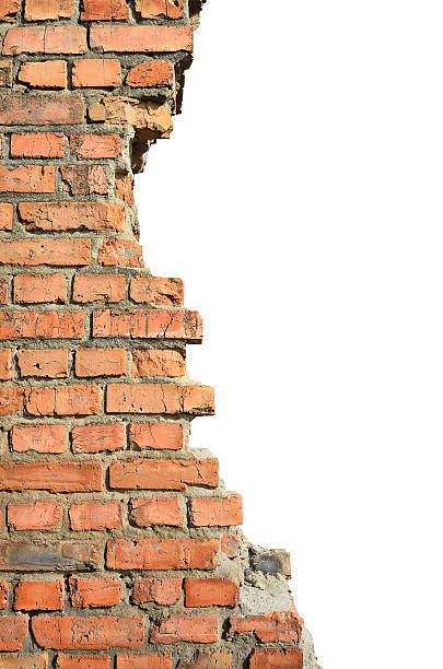 Half ruined brick wall on a white background Half ruined brick wall on a white background ruined stock pictures, royalty-free photos & images