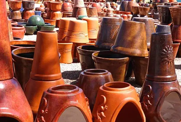 Terracotta clay pots in stacks in Santa Fe, New Mexico