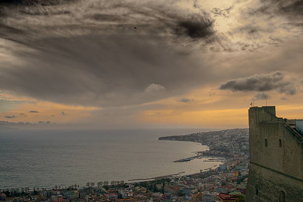 Panoramic view of Naples at dusk stock photo