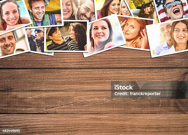 Lifestyle Collage Of Postcard On The Wood Stock Photo - Download Image Now - Characters, Collection, Composite Image