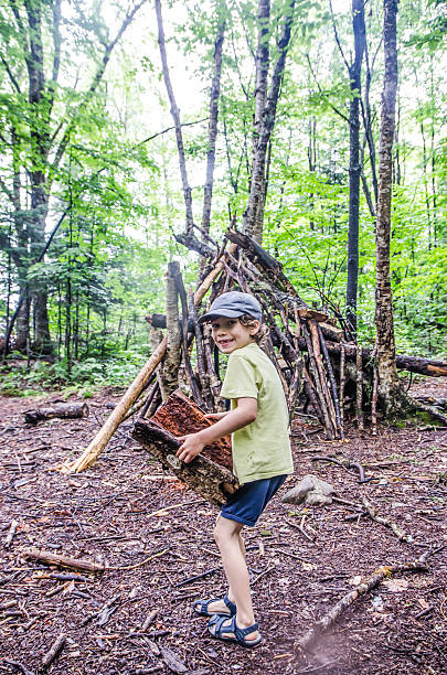 Kid building a shack in forest A young boy piling branches and trunks and building a shack in the forest kids play house stock pictures, royalty-free photos & images