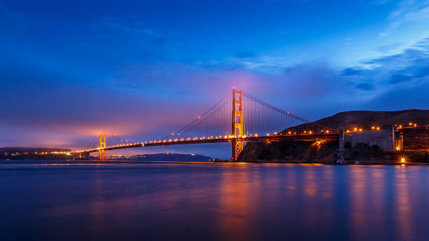 san francisco golden gate bridge di notte - golden gate bridge bridge night sunset foto e immagini stock