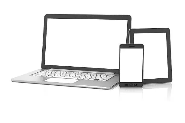 Gadgets including smartphone, smartwatch, digital tablet and laptop, blank screens with copyspace, 3d render