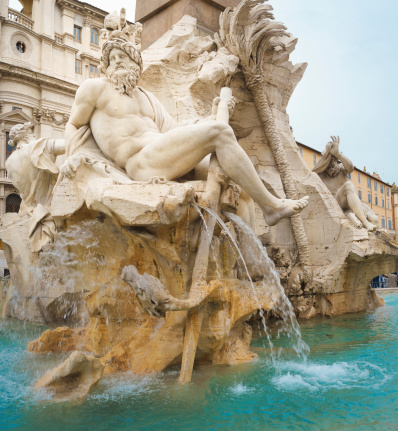 Detail of Zeus statue at the Fountain of the Four Rivers (Fontana dei Quattro Fiumi) in Piazza Navona, Rome