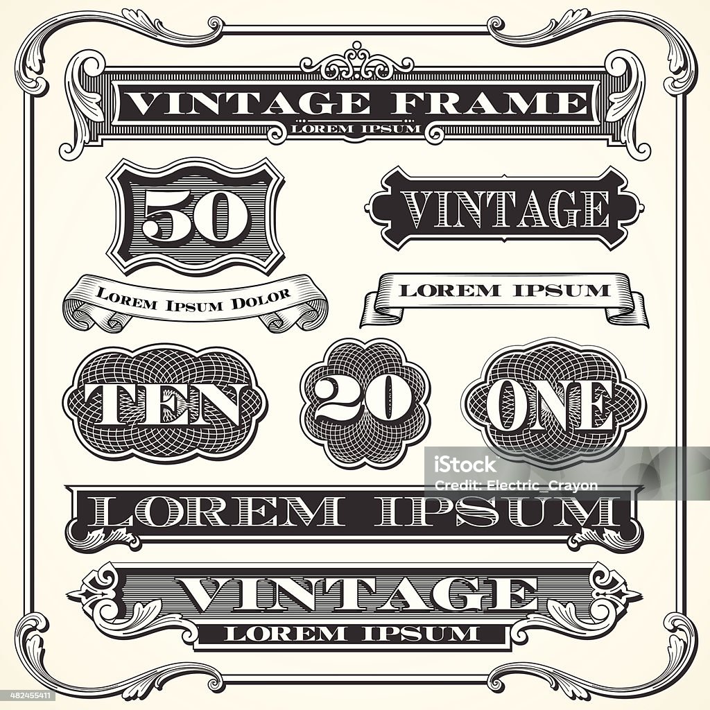 Vintage Labels, Frames and Ornaments Set of vintage ornaments and frames.  Each object is grouped and colors are global for easy editing. Frame - Border stock vector