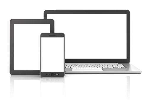 Gadgets including smartphone, smartwatch, digital tablet and laptop, blank screens with copyspace, 3d render