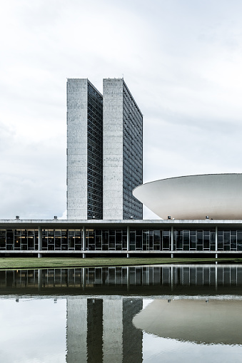 Brasilia, Brazil - March 21, 2015: The famous Brazilian National Congress in Brasilia, Brazil. The building was designed by Oscar Niemeyer in the modern Brazilian style.