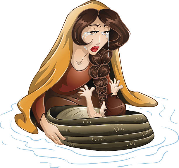 ilustraciones, imágenes clip art, dibujos animados e iconos de stock de moses coloca en agua por su madre - moshe