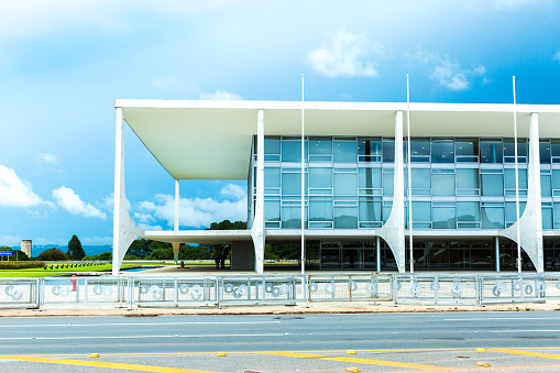 Brasilia, Brazil - March 21, 2015: The Alvorada Palace located in Brasilia, Brazil is the official residence of the President of Brazil. The building was designed by Oscar Niemeyer and built between 1957 and 1958 in the modernist style.