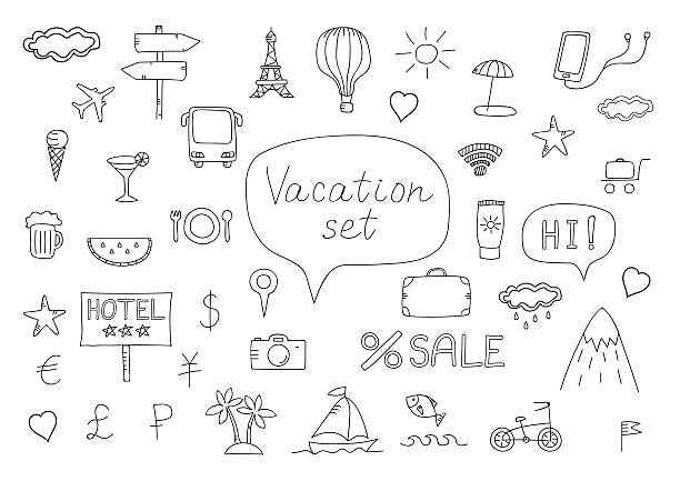 Doodle vacation icons set on a white background vector art illustration