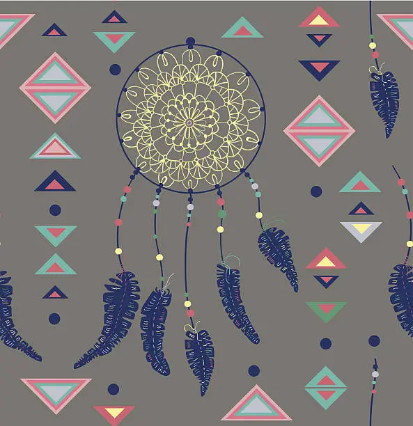 Vector illustration of Seamless pattern of color American Indians dreamcatcher with bir