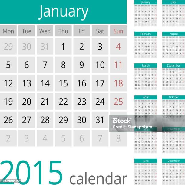 Simple European 2015 Year Vector Calendar Stock Illustration - Download Image Now - 2015, Abstract, Annual Event