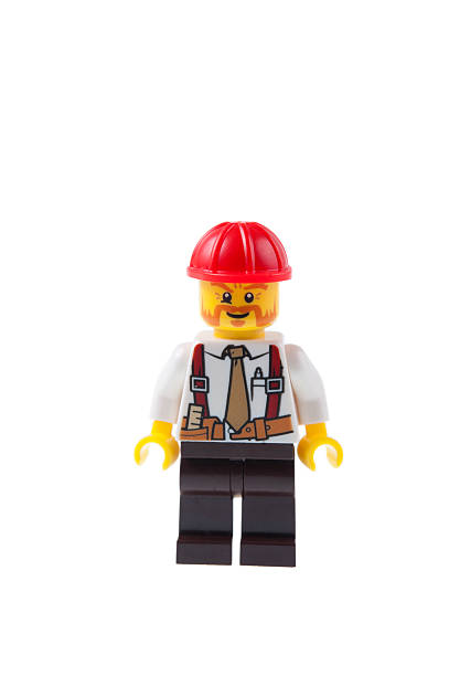 foreman lego minifigure - lego construction toy isolated on white isoalted stock-fotos und bilder