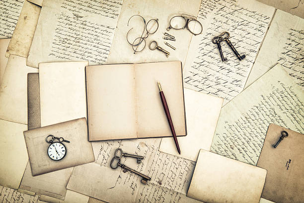 istock Open diary book, vintage accessories, old letters and postcards 482466554