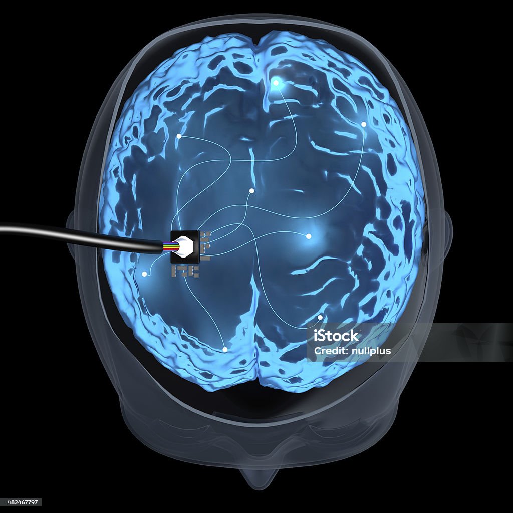 wired brain a computer generated image of a brain connected to a cable and microchips. electrodes go deep into the brain, stimulating different areas. Electrode Stock Photo