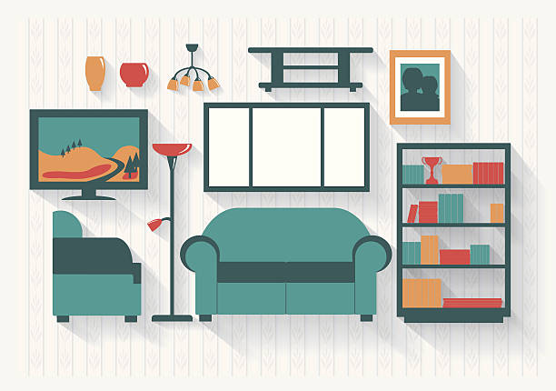 lounge oder wohnzimmer mit bücherregalen und möbel langen schatten - domestic room trophy furniture television stock-grafiken, -clipart, -cartoons und -symbole