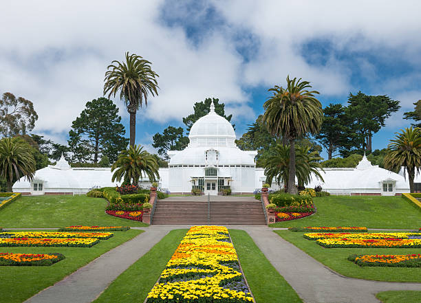 Conservatory of Flowers, San Francisco Entrance to San Francisco's Conservatory of Flowers, which is a beautiful Victorian greenhouse built in the 1870's. botanical garden stock pictures, royalty-free photos & images