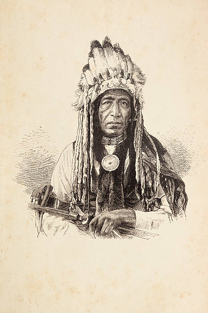 ilustraciones, imágenes clip art, dibujos animados e iconos de stock de grabado of native tribal americana con tocado jefe - cherokee