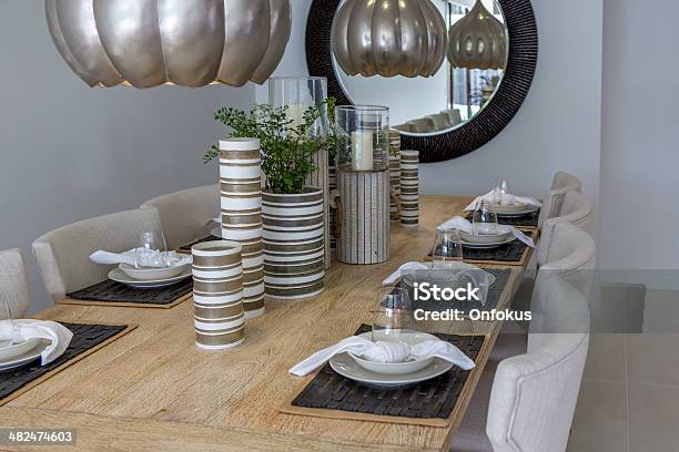 Set Table In Modern Dining Room Stock Photo - Download Image Now - Built Structure, Day, Decoration