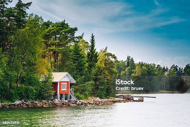 Red Finnish Wooden Bath Sauna Log Cabin In Summer Stock Photo - Download Image Now - Finland, Sauna, Lake