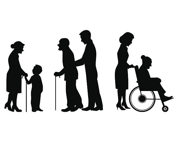illustrazioni stock, clip art, cartoni animati e icone di tendenza di silhouette ederly persone - senior adult wheelchair community family