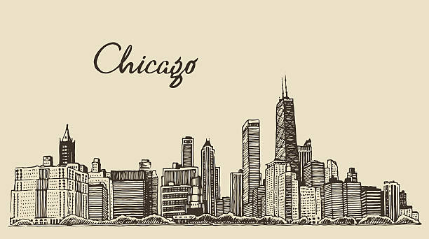 Chicago skyline big city engraving vector drawn Chicago skyline big city architecture engraving vector illustration hand drawn new york skyline drawing stock illustrations