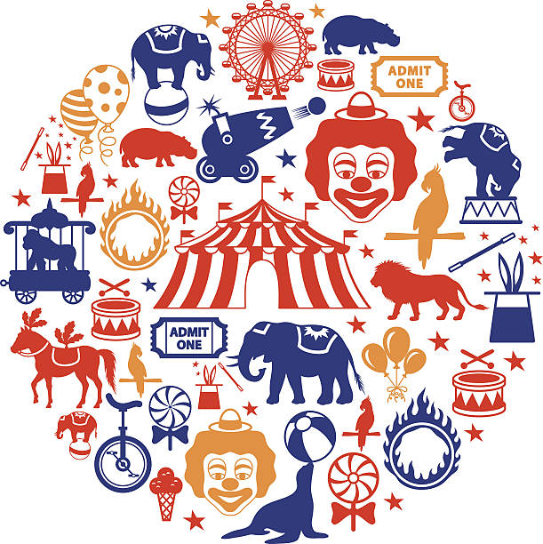 ilustraciones, imágenes clip art, dibujos animados e iconos de stock de collage de circo - circo ilustraciones