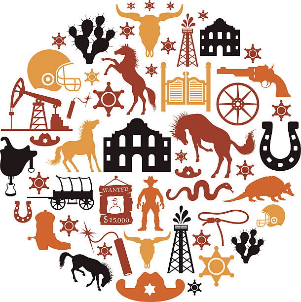 ilustraciones, imágenes clip art, dibujos animados e iconos de stock de collage de texas - cowboy hat hat wild west isolated