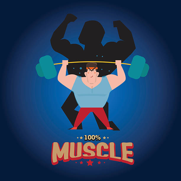 Muscle man character - vector illustration Muscle man character . Fitness concept with letters design. cartoon muscular man lifting heavy weights stock illustrations