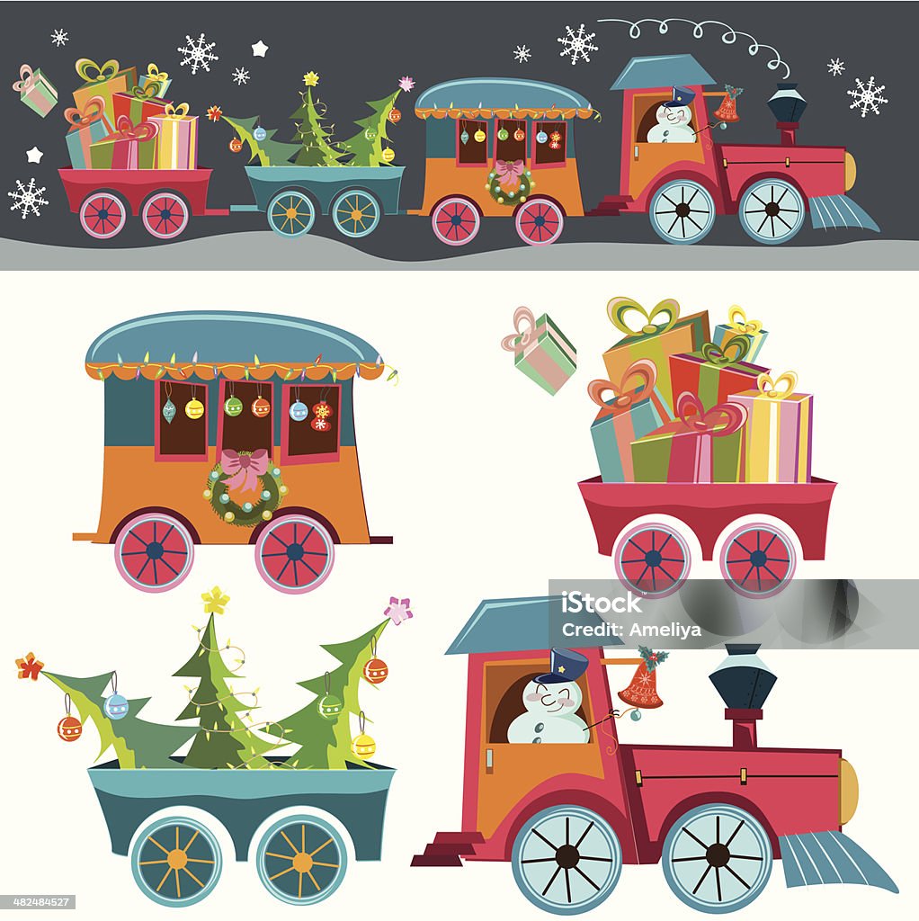 Christmas train Funny Christmas background with a toy train with gifts, snowman and christmas tree, retro cartoon illustration Christmas stock vector